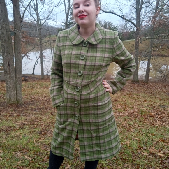 Vintage Jackets & Blazers - Green Plaid Wool Trench Coat